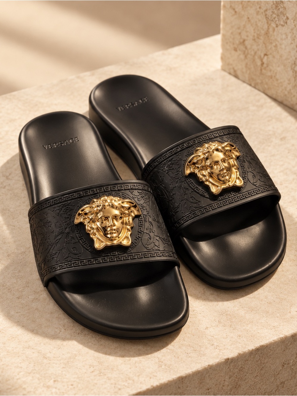 Versace Black Medusa Slide Sandals Gold Logo Rubber Slides